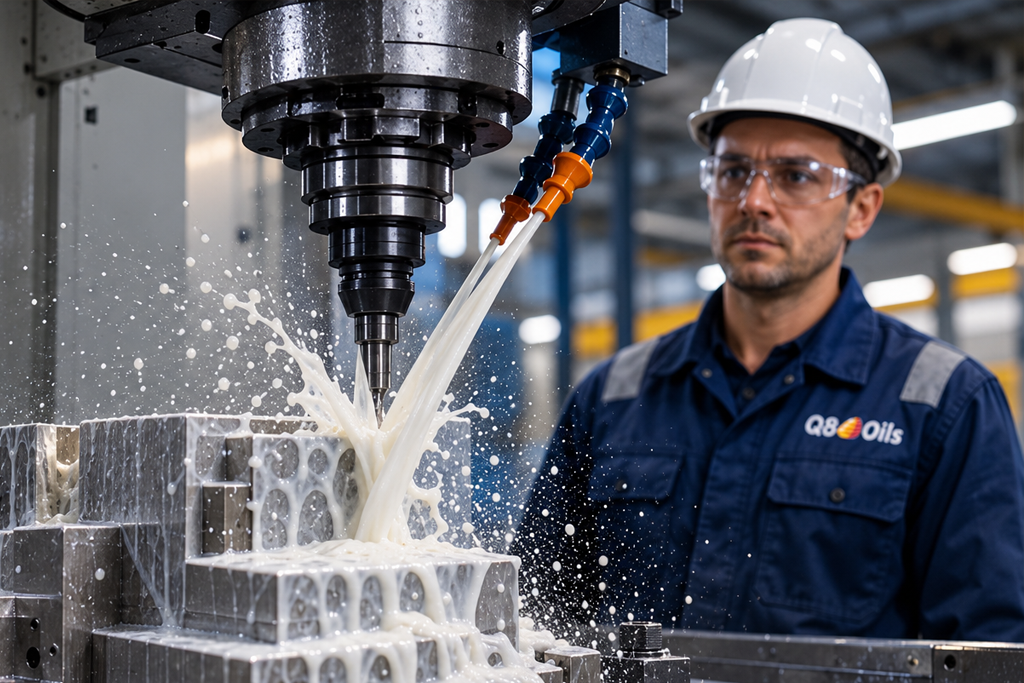 Monteur Q8 oils ziet toe op metaalbewerkingsproces